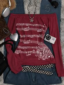 IslaSuriya Women's Burgundy Vintage Off-Shoulder Long-Sleeve Top, Slim-Fit Musical Note Print T-Shirt; Y2K Retro Style, Perfect For Back-To-School. - Multicolor - View 4