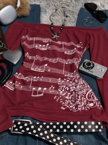 IslaSuriya Women's Burgundy Vintage Off-Shoulder Long-Sleeve Top, Slim-Fit Musical Note Print T-Shirt; Y2K Retro Style, Perfect For Back-To-School. - Multicolor - View 3