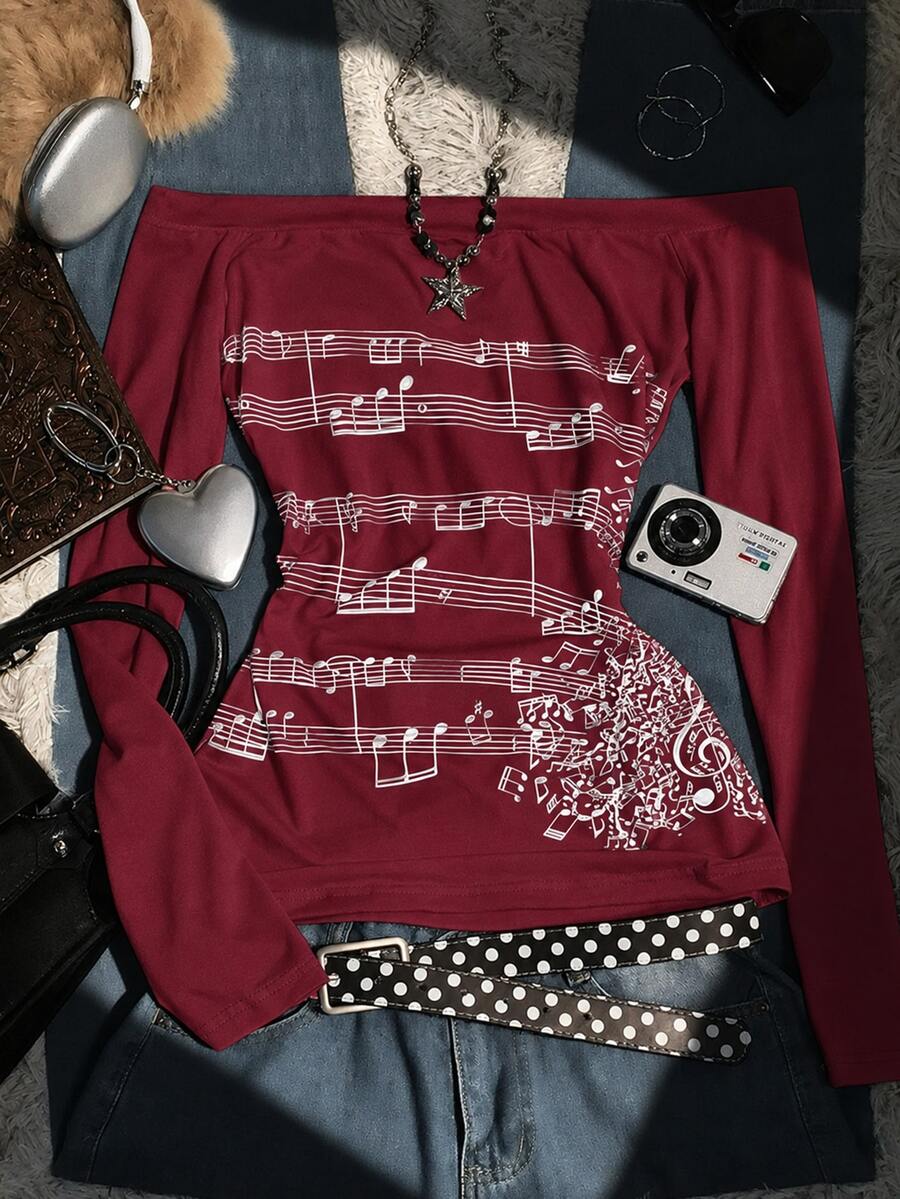 IslaSuriya Women's Burgundy Vintage Off-Shoulder Long-Sleeve Top, Slim-Fit Musical Note Print T-Shirt; Y2K Retro Style, Perfect For Back-To-School. - Multicolor - View 1