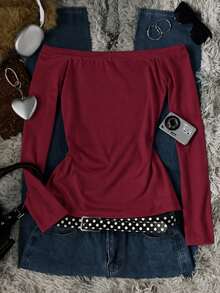 IslaSuriya Women's Burgundy Vintage Off-Shoulder Long-Sleeve Top, Slim-Fit Musical Note Print T-Shirt; Y2K Retro Style, Perfect For Back-To-School. - Multicolor - View 2