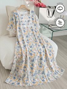 Al Najma Bata de moda romántica de primavera/verano con cuello cuadrado, ribete de encaje y mangas acampanadas de longitud media - Multicolor - Ver 8