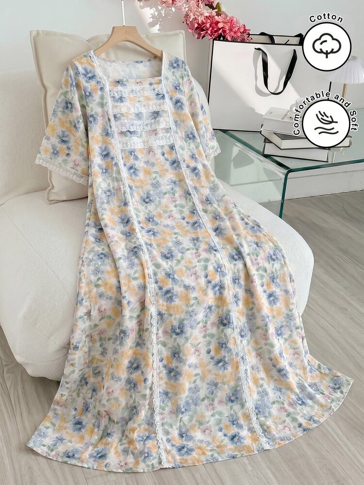 Al Najma Spring/Summer Fashion Romantic Square Neck Lace Trim Mid-Length Sleeve Flared Robe - Multicolor - View 8