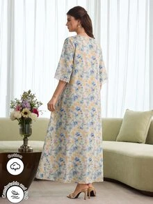 Al Najma Bata de moda romántica de primavera/verano con cuello cuadrado, ribete de encaje y mangas acampanadas de longitud media - Multicolor - Ver 2
