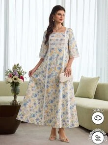 Al Najma Bata de moda romántica de primavera/verano con cuello cuadrado, ribete de encaje y mangas acampanadas de longitud media - Multicolor - Ver 4