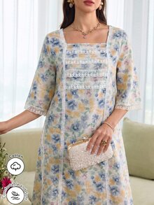 Al Najma Bata de moda romántica de primavera/verano con cuello cuadrado, ribete de encaje y mangas acampanadas de longitud media - Multicolor - Ver 5