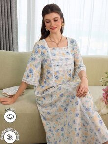 Al Najma Bata de moda romántica de primavera/verano con cuello cuadrado, ribete de encaje y mangas acampanadas de longitud media - Multicolor - Ver 7