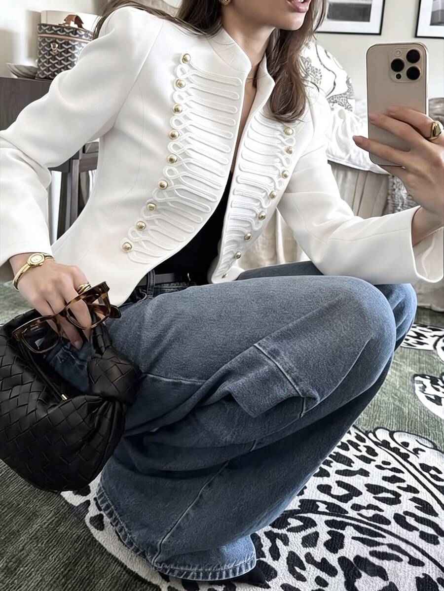SHEIN PariChic 女款優雅青蛙鈕扣小V領黑色夾克外套 - 白色 - 查看 1