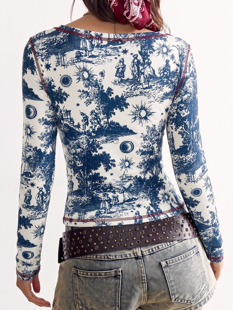 Bohemela Women's Asymmetrical Shoulder All-Over Print Casual Daily T-Shirt - Blue and White - View 10