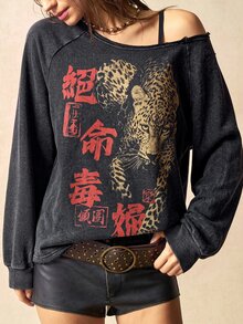 Bohemela Women's Autumn Casual Leopard Print Asymmetric Collar Sweatshirt - Black - View 5