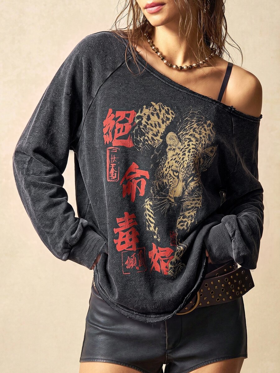 Bohemela Women's Autumn Casual Leopard Print Asymmetric Collar Sweatshirt - Black - View 1
