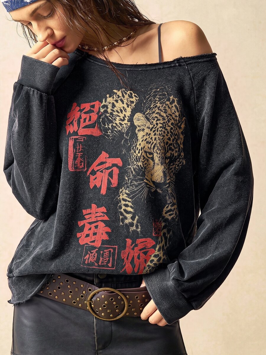 Bohemela Women's Autumn Casual Leopard Print Asymmetric Collar Sweatshirt - Black - View 1