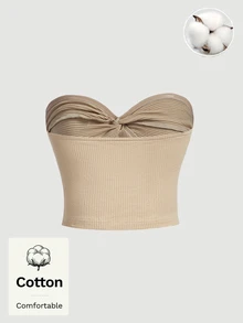 SHEIN MOD Women Cotton Solid Twist Front Strapless Sleeveless Short Beige Sweet Cute Elegant Tube Top Going Out Party Birthday Fall Autumn - Khaki - View 2
