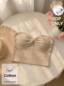 SHEIN MOD Women Cotton Solid Twist Front Strapless Sleeveless Short Beige Sweet Cute Elegant Tube Top Going Out Party Birthday Fall Autumn - Khaki - View 1