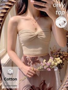 SHEIN MOD Women Cotton Solid Twist Front Strapless Sleeveless Short Beige Sweet Cute Elegant Tube Top Going Out Party Birthday Fall Autumn - Khaki - View 6