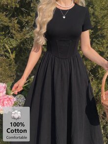 SHEIN MOD 女款純棉素色圓領短袖黑色長版可愛優雅洋裝，適合派對、生日、婚禮賓客、外出、返校舞會、萬聖節、秋季穿著 - 黑色 - 查看 8