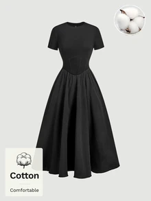 SHEIN MOD 女款純棉素色圓領短袖黑色長版可愛優雅洋裝，適合派對、生日、婚禮賓客、外出、返校舞會、萬聖節、秋季穿著 - 黑色 - 查看 5