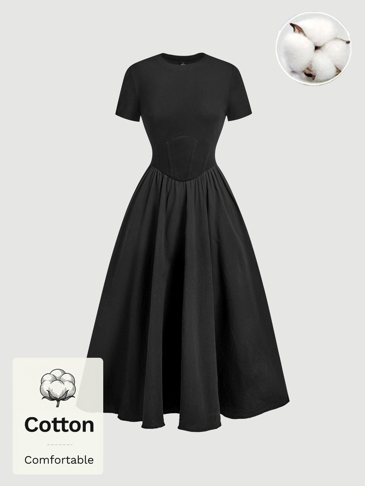 SHEIN MOD Women Cotton Plain Crew Neck Short Sleeve Long Black Cute Elegant Dress For Party Birthday Wedding Guest Going Out Homecoming Halloween Fall - Black - View 5