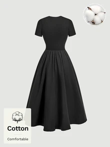 SHEIN MOD 女款純棉素色圓領短袖黑色長版可愛優雅洋裝，適合派對、生日、婚禮賓客、外出、返校舞會、萬聖節、秋季穿著 - 黑色 - 查看 2