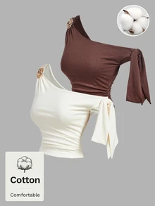 SHEIN MOD 2pcs Bowknot Metal 3D Flower Women's Asymmetrical Shoulder Top Going Out Party Chocolate Brown Off-White Summer Sexy - Multicolor - View 11