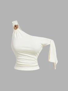 SHEIN MOD 2pcs Bowknot Metal 3D Flower Women's Asymmetrical Shoulder Top Going Out Party Chocolate Brown Off-White Summer Sexy - Multicolor - View 5