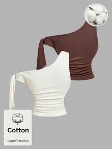 SHEIN MOD 2pcs Bowknot Metal 3D Flower Women's Asymmetrical Shoulder Top Going Out Party Chocolate Brown Off-White Summer Sexy - Multicolor - View 2