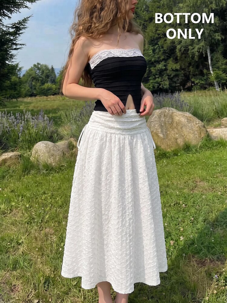 SHEIN MOD Women's Knitted Textured White Ruched Long Skirt - White - View 6