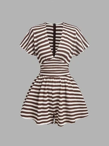 SHEIN MOD Women Striped Deep V Neck Short Sleeve High Waist Knit Brown White Casual Cute Romper Vacation Spring Summer - Multicolor - View 3