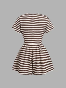 SHEIN MOD Women Striped Deep V Neck Short Sleeve High Waist Knit Brown White Casual Cute Romper Vacation Spring Summer - Multicolor - View 2