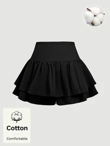 SHEIN MOD Black Cotton Women's Elastic Waist Ruffle Hem Skort Palazzo With Drawstring. - Black - View 2