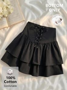 SHEIN MOD Black Cotton Women's Elastic Waist Ruffle Hem Skort Palazzo With Drawstring. - Black - View 5