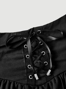SHEIN MOD Black Cotton Women's Elastic Waist Ruffle Hem Skort Palazzo With Drawstring. - Black - View 3