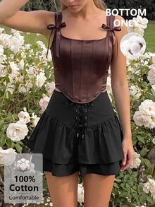SHEIN MOD Black Cotton Women's Elastic Waist Ruffle Hem Skort Palazzo With Drawstring. - Black - View 7