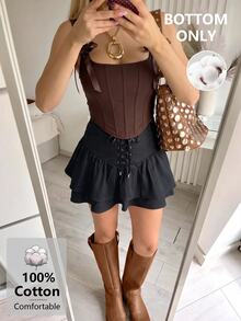 SHEIN MOD Black Cotton Women's Elastic Waist Ruffle Hem Skort Palazzo With Drawstring. - Black - View 8
