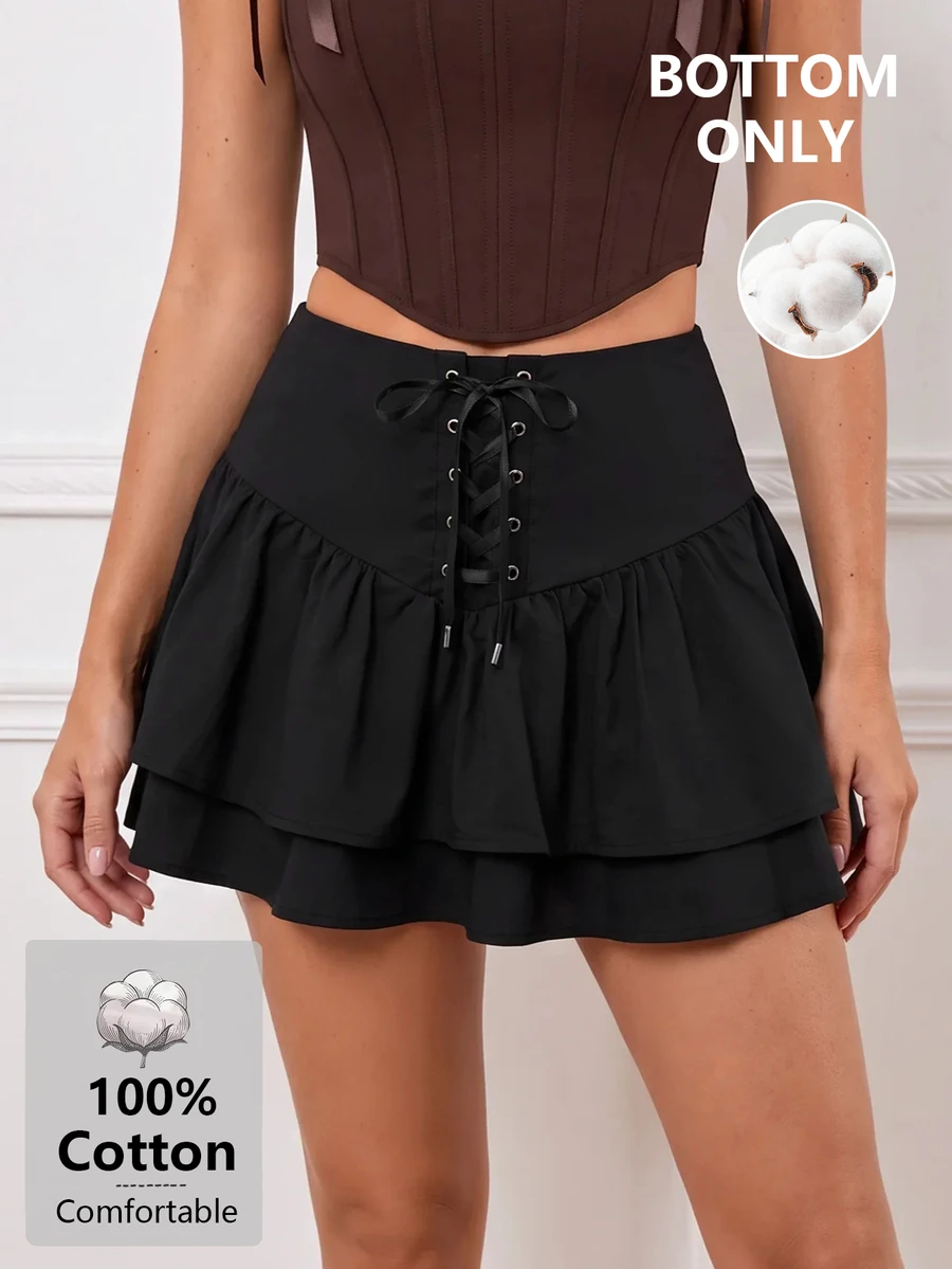 SHEIN MOD Black Cotton Women's Elastic Waist Ruffle Hem Skort Palazzo With Drawstring. - Black - View 1