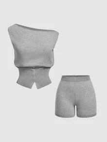 SHEIN MOD 女款純色船領無袖短款灰色可愛休閒Y2K兩件式短褲套裝，適合外出、度假、生日派對、秋季 - 灰色 - 查看 2