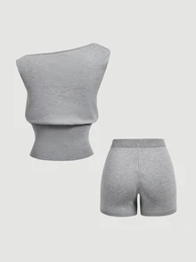 SHEIN MOD 女款純色船領無袖短款灰色可愛休閒Y2K兩件式短褲套裝，適合外出、度假、生日派對、秋季 - 灰色 - 查看 9