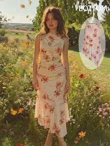 SHEIN MOD Women Flower Ruched Asymmetrical Midi Apricot Cute Elegant Chic Skirt For Party Going Out Birthday Vacation Homecoming Fall - Brown - View 7