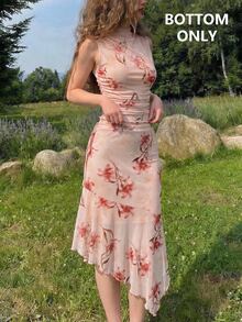 SHEIN MOD Women Flower Ruched Asymmetrical Midi Apricot Cute Elegant Chic Skirt For Party Going Out Birthday Vacation Homecoming Fall - Brown - View 1