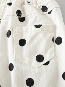 SHEIN Genkimix Kids 2件組女童復古甜酷風米色底黑大波點印花挺括梭織翻領單排扣胸袋落肩長袖短版夾克＋高腰寬腿長褲套裝，適中厚度，寬鬆不束縛，適合日常出遊、開學季、購物、拍照、旅行，春秋百搭牛仔套裝 - 杏色 - 查看 8