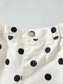 SHEIN Genkimix Kids 2件組女童復古甜酷風米色底黑大波點印花挺括梭織翻領單排扣胸袋落肩長袖短版夾克＋高腰寬腿長褲套裝，適中厚度，寬鬆不束縛，適合日常出遊、開學季、購物、拍照、旅行，春秋百搭牛仔套裝 - 杏色 - 查看 5