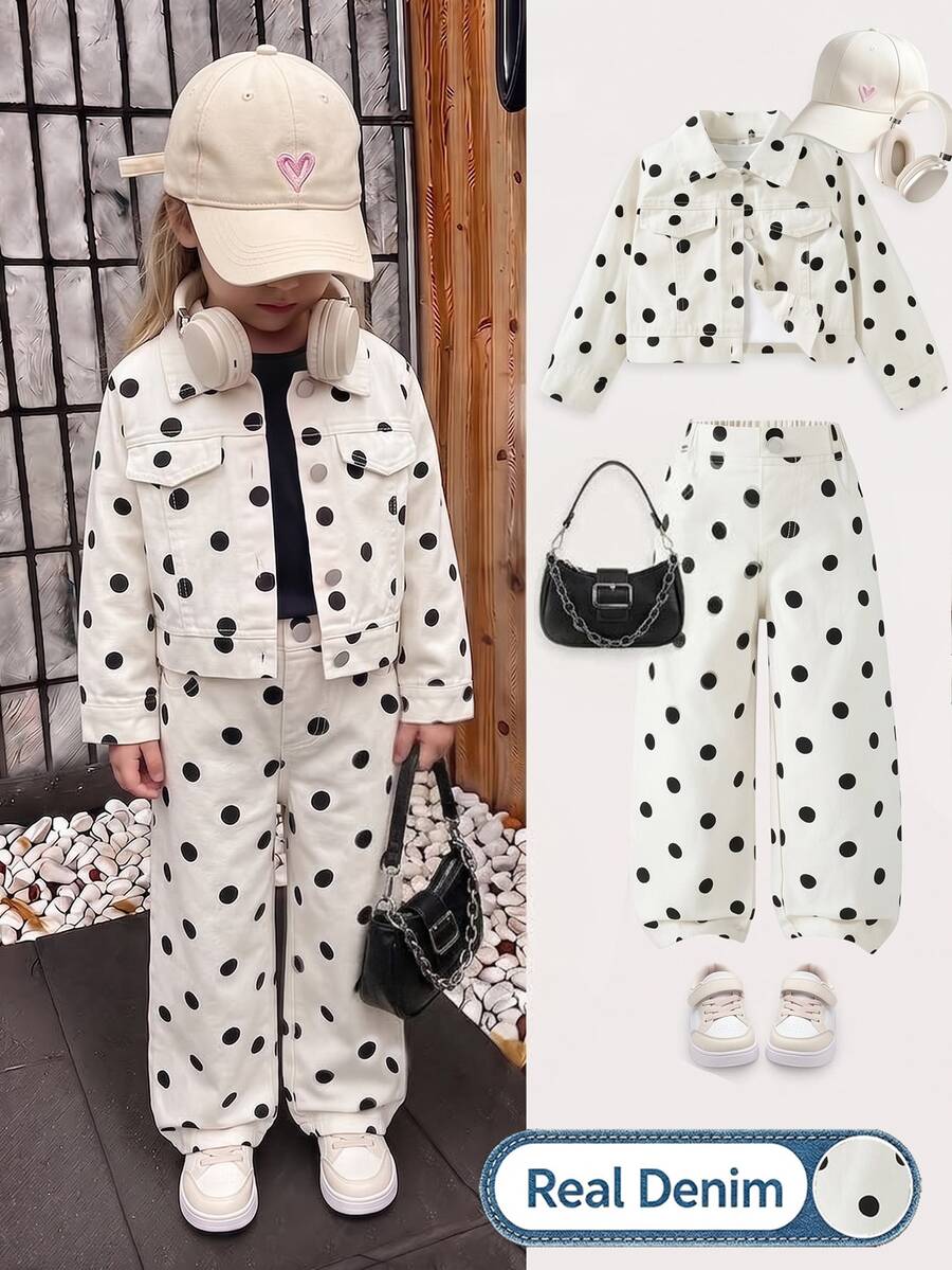 SHEIN Genkimix Kids 2件組女童復古甜酷風米色底黑大波點印花挺括梭織翻領單排扣胸袋落肩長袖短版夾克+高腰寬腿長褲套裝,適中厚度,寬鬆不束縛,適合日常出遊、開學季、購物、拍照、旅行,春秋百搭牛仔套裝 - 杏色 - 查看 1