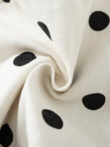 SHEIN Genkimix Kids 2件組女童復古甜酷風米色底黑大波點印花挺括梭織翻領單排扣胸袋落肩長袖短版夾克＋高腰寬腿長褲套裝，適中厚度，寬鬆不束縛，適合日常出遊、開學季、購物、拍照、旅行，春秋百搭牛仔套裝 - 杏色 - 查看 7
