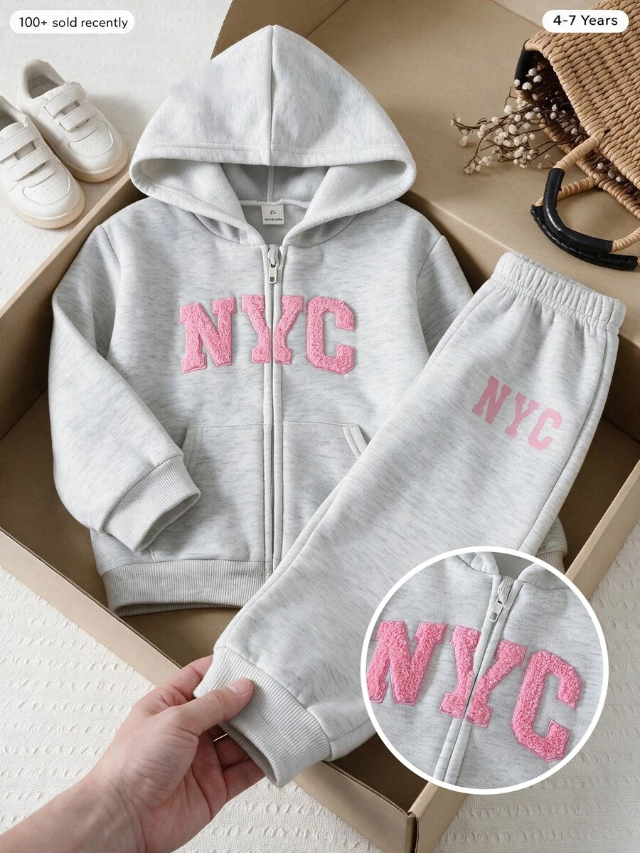 SHEIN Sparklyn 女童秋冬時尚拼色拼接連帽拉鍊運動衫與戶外休閒錐形長褲2件套 - 淺灰色 - 查看 1