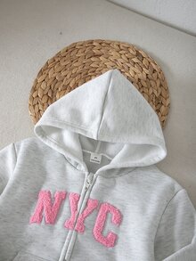 SHEIN Sparklyn 女童秋冬時尚拼色拼接連帽拉鍊運動衫與戶外休閒錐形長褲2件套 - 淺灰色 - 查看 8