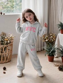 SHEIN Sparklyn 女童秋冬時尚拼色拼接連帽拉鍊運動衫與戶外休閒錐形長褲2件套 - 淺灰色 - 查看 3