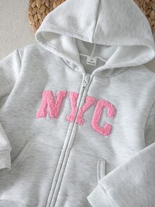 SHEIN Sparklyn 女童秋冬時尚拼色拼接連帽拉鍊運動衫與戶外休閒錐形長褲2件套 - 淺灰色 - 查看 5