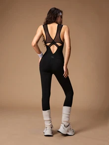 VARSIVA Women's Sleeveless Sports Jumpsuit With Back Mesh Patchwork Cutout Design - Black - View 9