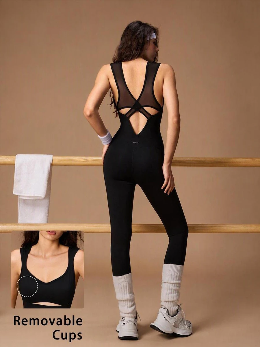 VARSIVA Women's Sleeveless Sports Jumpsuit With Back Mesh Patchwork Cutout Design - Black - View 1