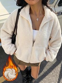SHEIN EZwear 女款純色拉鍊休閒百搭長袖夾克，適合日常居家、旅行，奶油白，秋季 - 白色 - 查看 10