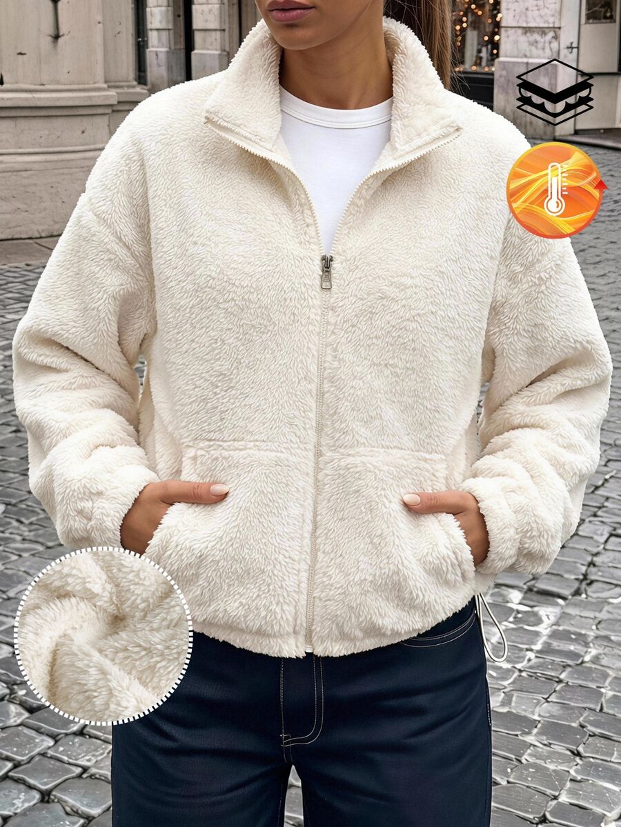 SHEIN EZwear 女款純色拉鍊休閒百搭長袖夾克,適合日常居家、旅行,奶油白,秋季 - 白色 - 查看 1